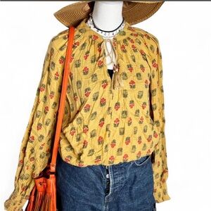 Porridge By Anthropologie Yellow Floral Boho Blouse With Tassels And Tie Front